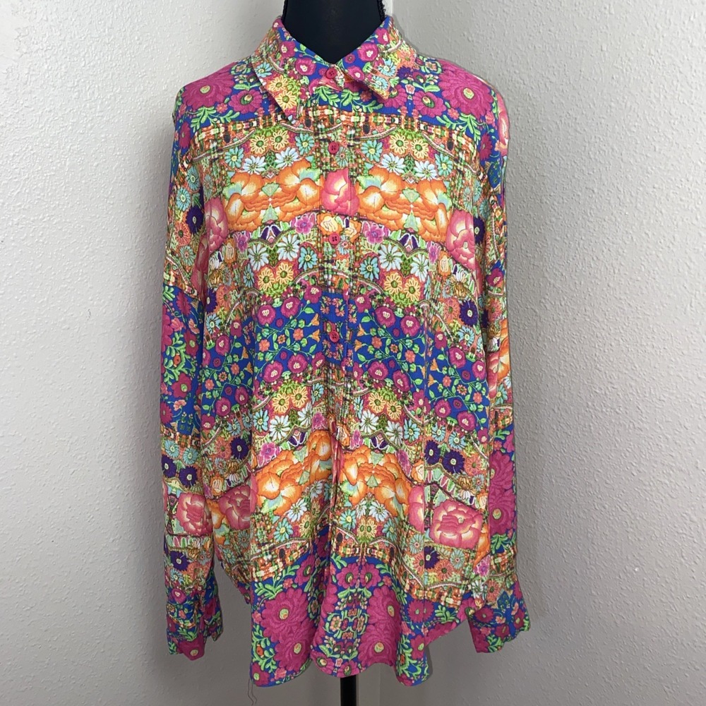 Forever 21 Button Up Shirt Women's M Bright Multicolor Geometric Long Sleeve